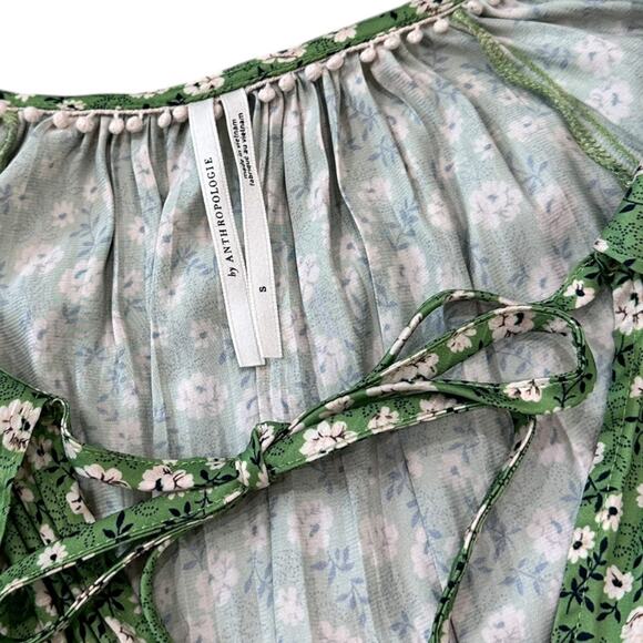 Anthropologie Button-Front Peasant Blouse In Green Motif - Picture 6 of 8